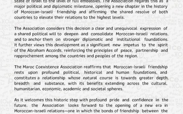 Maroc Coexistence Association Commends Historic Step in Moroccan-Israeli Relations